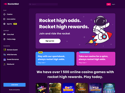 RocketBet web dark betting casino casino game odds odds sports online rocket web desktop webdesign