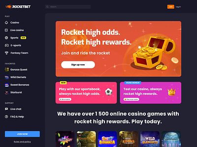 RocketBet Casino Web Design - Dark casino casino betting game game design gamling game treasure web webdesign website