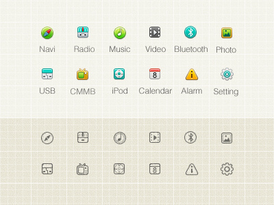 Icons Mini alarm bluetooth calendar cmmb icons ipod mini music navi photo radio setting usb video