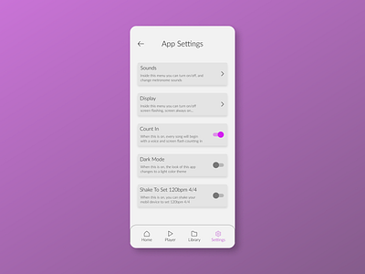 Settings For Metronome App app daily ui 007 dailyui dailyuichallenge design figma metronome mobile app mobile ui purple settings settings page settings ui ui ux
