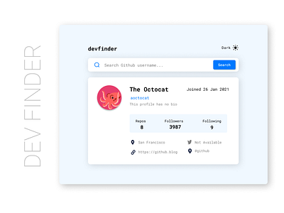 Dev finder api app design dev finder github users light theme ui