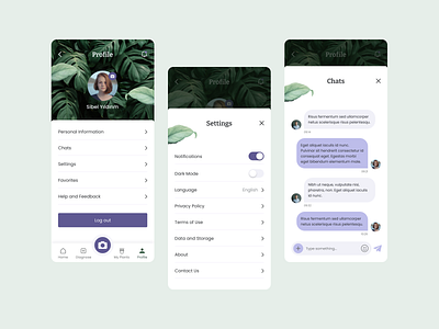 Daily UI- Plant Care App Profile / Settings / Chats care clean dailyui dailyui 006 dailyui 007 dailyui 013 dailyuichallenge figma figmadesign fresh green minimal mobile mobile ui plant app plant care plants ui ui design uidesign