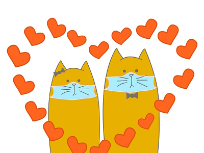 orange cats with love illustration animation art cat design epidemic flat heart icon illustration logo love mask medical minimal orange pandemic quarantine respirator