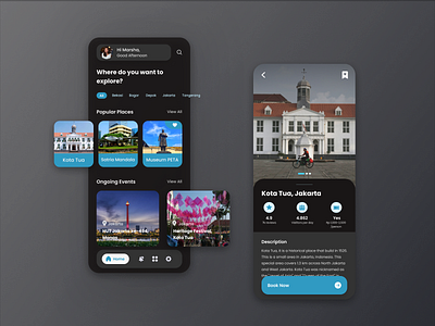 Historical Travel App - Dark Mode design historical logo mobile app mobile ui travel travel app ui design