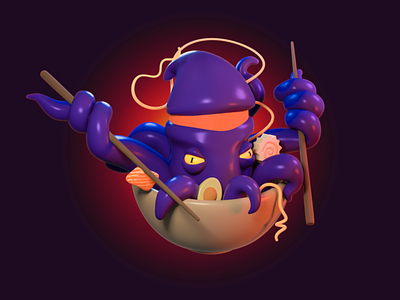 Octopus Ninja 3d 3d art 3d artist 3d illustration 3d modeling app blender character design japanese japanese food low poly noodles octopus ui web