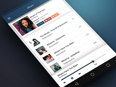 Music App Screen album android app clean light list mobile modern music player ui ux