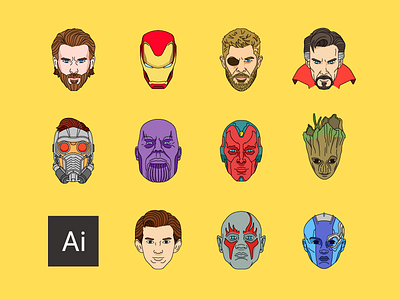 Freebie - Infinity War Avatars avatars free freebie illustrator infinity war ironman lines marvel strange thanos thor vector