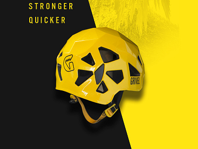 Lighter, Stronger, Quicker advert climber climbing diagonal equipment geometric helmet strength yellow
