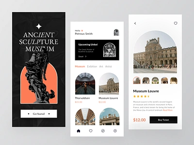 Ancient Sculpture Museum - Mobile App Exploration 🏛 aesthetic ancient antiquity app application art branding classic design flat history interface mobile monochrome museum orange sculpture ui ui design web design