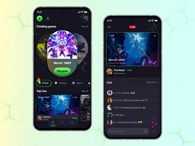 Game streaming mobile app card design cards chat comments dark design game gaming home page icons illustration live live streaming mobile nav bar reaction tabs trending ui