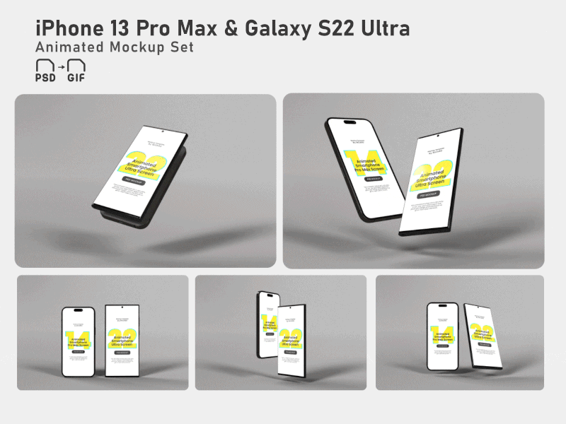 Animated iPhone 14 Pro Max & S22 Ultra Mockup Set android animated animated iphone app clean galaxy gif ios iphone 14 pro max iphone mockup mobile mockup modern photo realistic preview professional psd s22 ultra smartphone ui