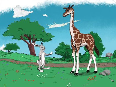 Hare and Giraffe by the road animal art animal illustration book illustration childrens book design