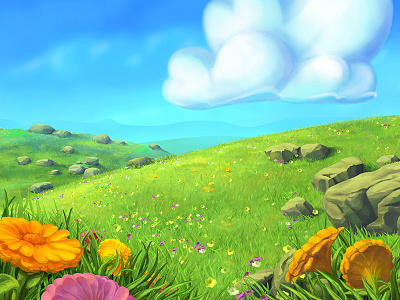 Practice in drawing cloud colors drawing flowers game grass illustration scene sky stone