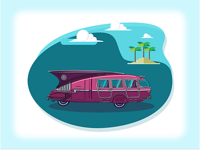 CarFish blue car design flat illustration landscape motion graphics retro retro car trees vector