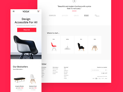 Voga bestsellers clean design ecommerce footer furniture pdp product testimonials typography ui ux web white