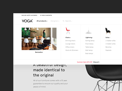 Voga clean design ecommerce furniture mega dropdown navigation offer typography ui ux web white