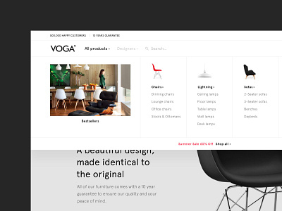 Voga clean design ecommerce furniture mega dropdown navigation offer typography ui ux web white