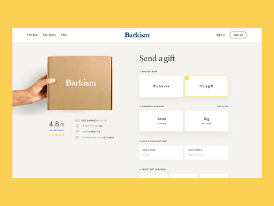 Barkism product pdp reviews gift signup subscription dog box ecommerce white web typography clean ux design ui