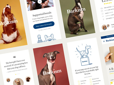 Barkism clean design dogs ecommerce illustration mobile modal subscription testimonials typography ui ux web white