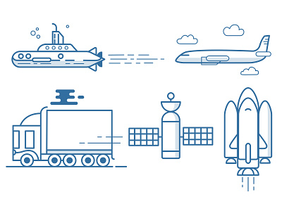 Icons illustration lorry plane rocket sattelite submarine truck
