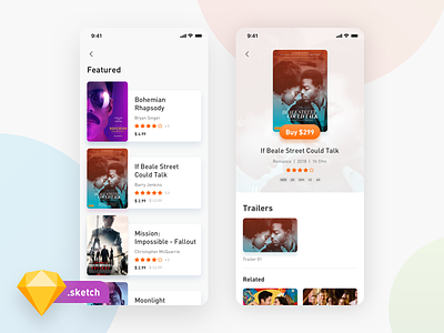 Movie 🎬• Sketch Freebie app blue card design dribbble experience free free sketch freebie interface invitation ios mobile new phone red typography ui ux vector