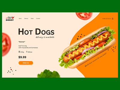 Hot Doggy bright colors colors composition delivery design food hotdog orange product page typogaphy ui vegetable webdesign