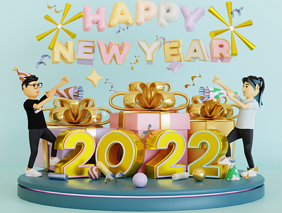 HAPPY NEW YEAR 2022 3d 3d modeling 3dcharacter 3ddesign 3dillustration animation blender design graphic design illustration logo ui