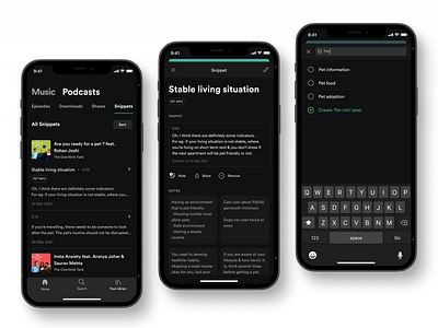 Content details screen-New feature for Spotify podcast app design app designers button design card ui design clean ui ux dark mode divider icon design icon designs modal window music app ui music player navigation bar search bar spotify tab bar uiux user experience ux user interface uxdesign