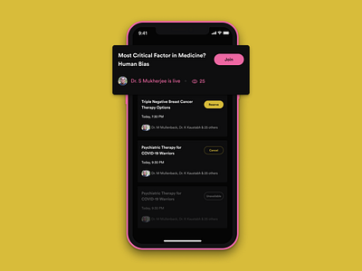 Upcoming Live Sessions-Doctor Webinars admins app design button button design card clean ui ux graphic design live members navigation bar time uiux upcoming user interface uxdesign webinar