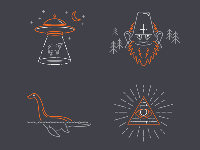 Myths and Legends Line Art icons line art illustrations facebook spaceship cryptozoology myths loch ness illuminati sasquatch bigfoot aliens