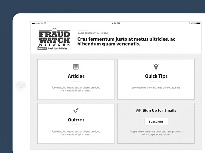 AARP Fraud Watch Network Wireframe aarp clean high fidelity ipad ipad app simple siteworx ux wireframe