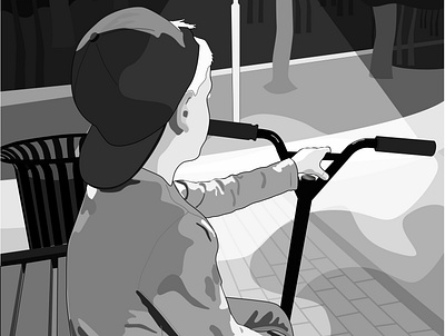 Boy with scooter black and white boy comic book illustration monochrome park scooter scooterboy teen vector