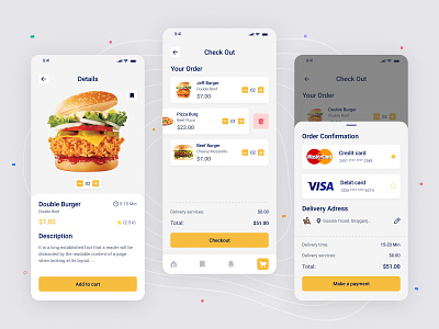 Food App's Details, Check Out and Payment Screen app design check out details food food app food delivery app mobile order confirmation order screen payment payment screen popular ui uiux ux