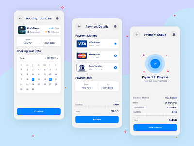 Booking, Payment Method & Payment Success Screen App Design