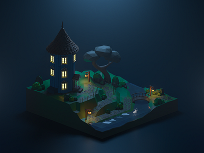 Moomin house at night blender blender3d diorama house illustration isometric low poly lowpoly moomins night
