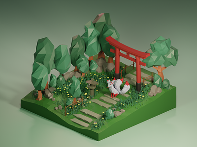 Japanese landscape blender blender3d diorama illustration isometric japan japanese gate kitsune landscape lowpoly