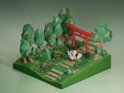 Japanese landscape blender blender3d diorama illustration isometric japan japanese gate kitsune landscape lowpoly