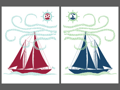 West Coast East Coast Diptych 2 color boat design illustration illustrator sail water waves wind