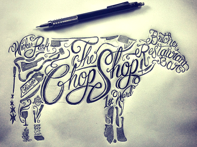 WIP butcher cow illustration knives meat pencil typography