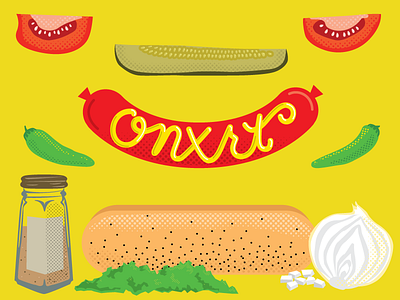 Chicago Style Hot Dog bun chicago hotdog illustration lettering mustard onion packaging pickle tomato typography