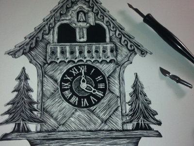 Cuckoo Clock clock cuckoo illustration scratchboard