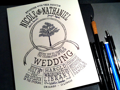 Wedding Invitation drawn hand illustration ink invitation lettering pencil ribbon scratchboard tree typography wedding