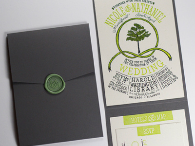 Final Invitation french paper hand invitation lettering scratchboard tree typography wax seal wedding