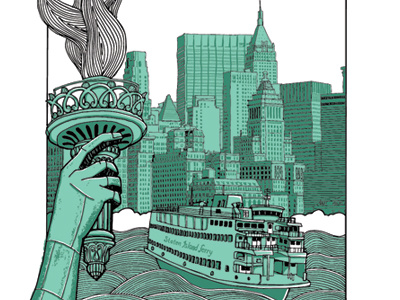 Lady Liberty Illustration boat gig poster illustration new york skyline staton island ferry statue of liberty torch waves