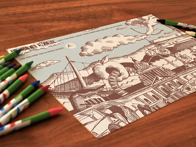 Little Wing - Kid's Colouring Sheet blue branding brown children childrens illustration colouring commercial doodle northern ireland pizza restaurant