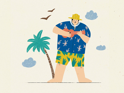 Let's play the ukulele! 2d art book illustration character character design children illustration design hand drawn hawaii illustration man man playing ukulele palm people procreate raster summer ukulele