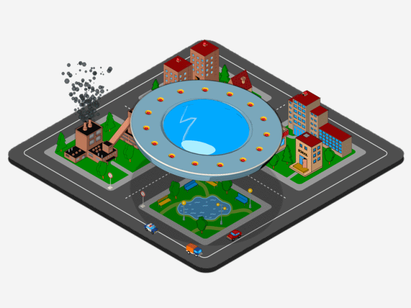 UFO under Town 3d after effects animation c4d city flying saucer gif isometric map street town ufo