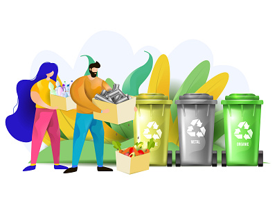 Waste Sorting bin can cartoon character clean disposable eco flat garbage illustration landing man people recycle recycling segregation sorting vector waste woman