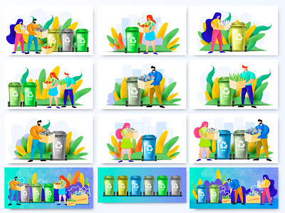 Waste Sorting. Set of illustrations activist bin can cartoon character clean design disposable eco ecology flat garbage landing recycle recycling segregation separated sorted template waste