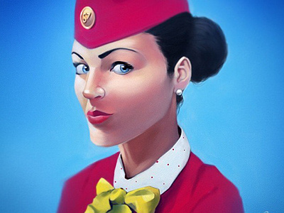 Stewardess air art blue drawing face girl portriat red